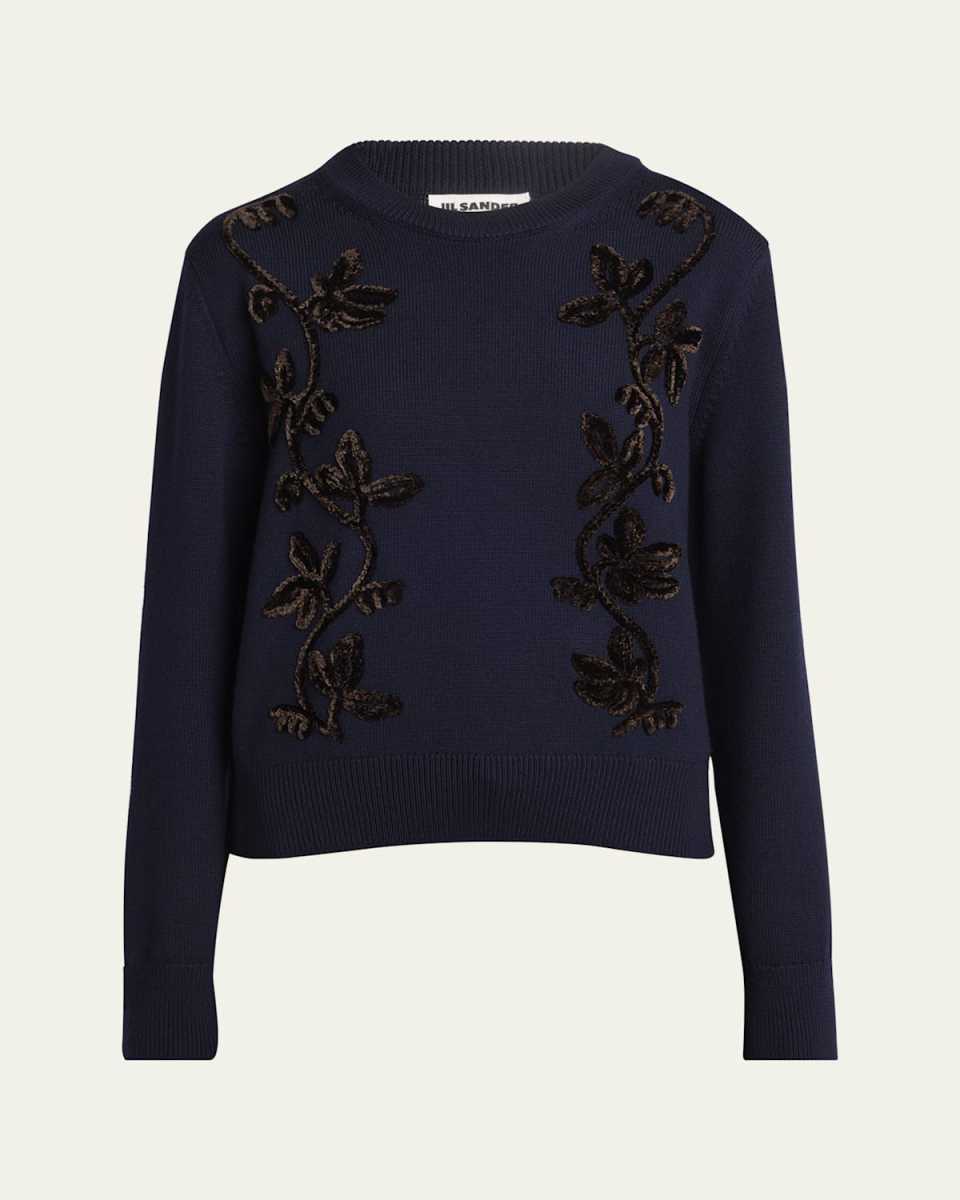 Velvet Floral Embroidered Merino Crewneck Sweater